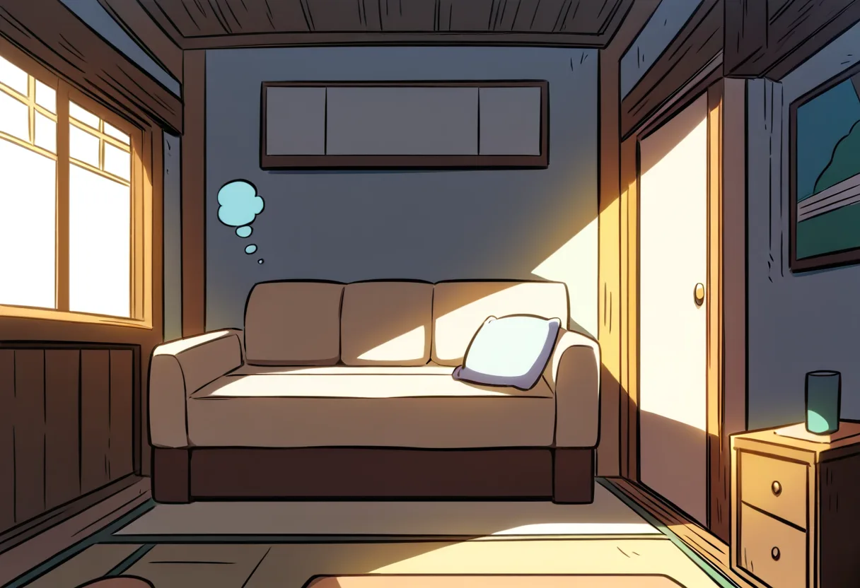 週末の部屋で考え込む人と柔らかな日差し