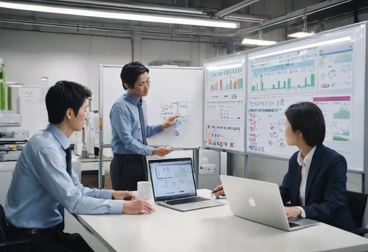 GA4とLooker Studioを確認する町工場の会議室