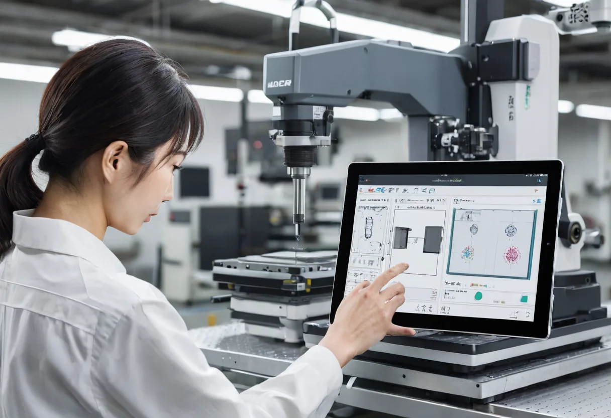 町工場の技術者が精密測定機器とタブレットで計測データを確認し、生成AI検索から商談につながるデータ連携を表現したビジネス・技術イメージ