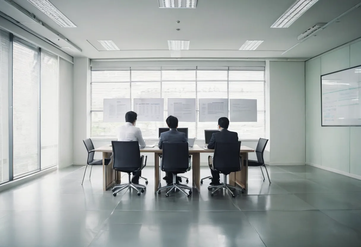 会議室でChatGPT用プロンプトの版違いを見比べる社員たち