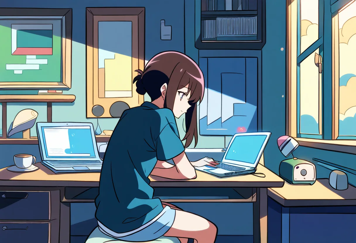 眠れない夜にAIを使って考えや気持ちを整理する人の落ち着いたデスク風景。ノートやスマートフォン、パソコンの淡い光が、こころの健康と安心感を表現しています。