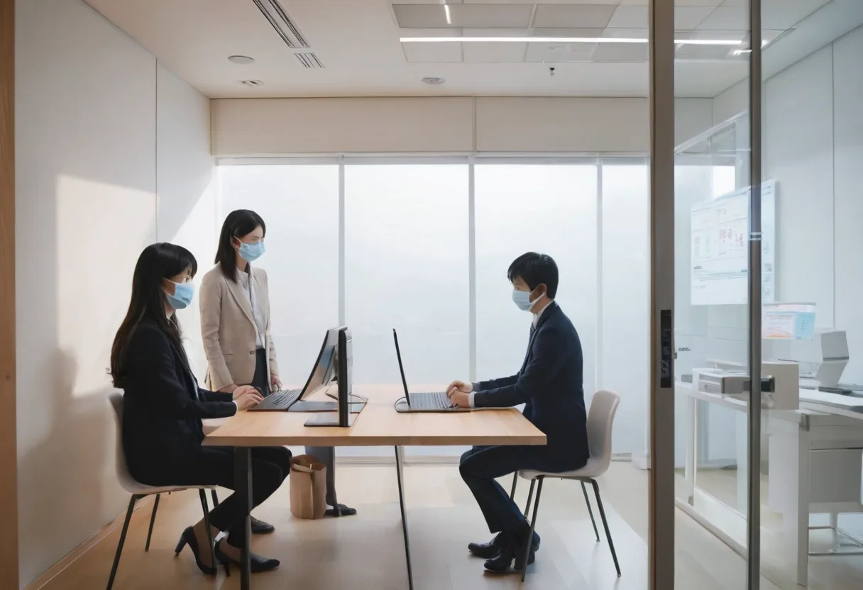 顧客記録と生成AI画面を見つめる紬と亮