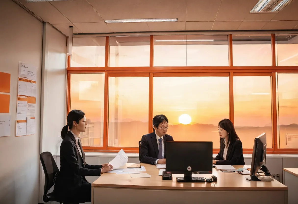 夕暮れの相談室でRAGと生成AIの送信前確認をする担当者たち