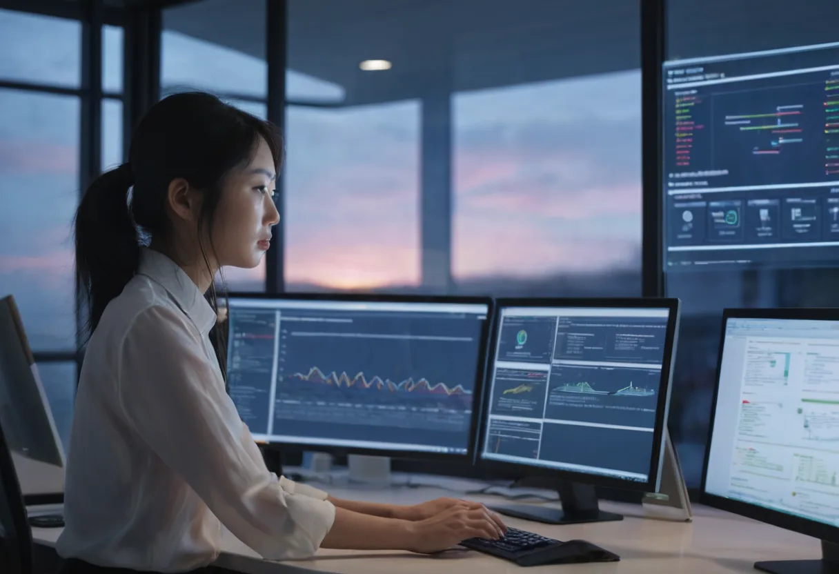 夕暮れの窓辺でAzure AI Searchの回答を確認する葵
