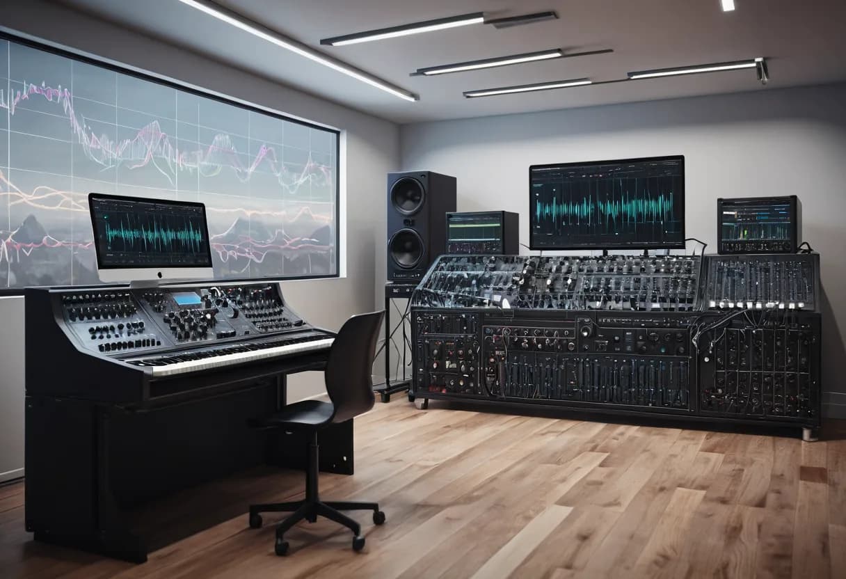 シンセサイザー工房で、音声波形や周波数スペクトルを分析しながら、Web Audio APIやAudioContextを活用した生成AIの業務別テストデータ設計を学ぶ技術イメージ