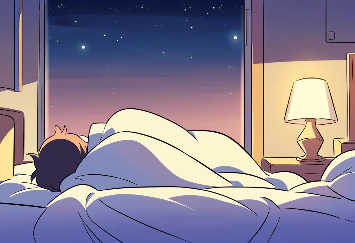 眠れない夜にベッドで悩む人を描いたイラスト